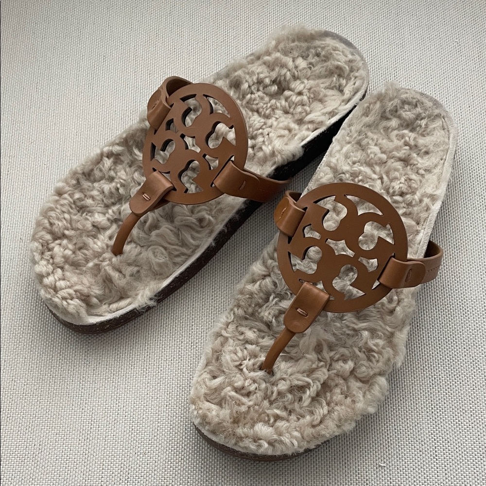 Tory Burch Tan Leather Logo Shearling Slide Sandals